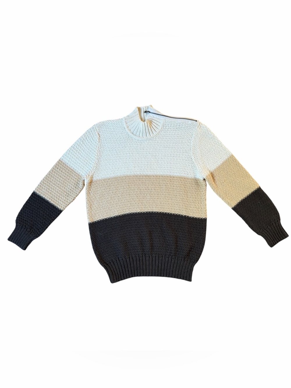 St. John Colorblock Cotton Knit Sweater Petite White Brown Asymmetrical Zip Like